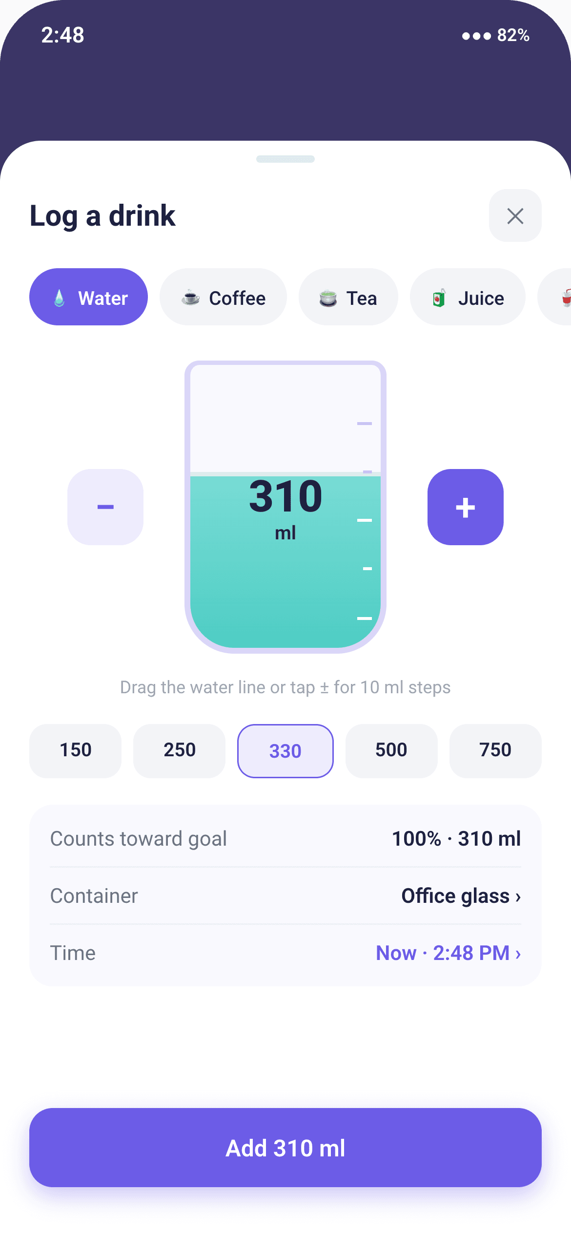 Log any drink in a tap